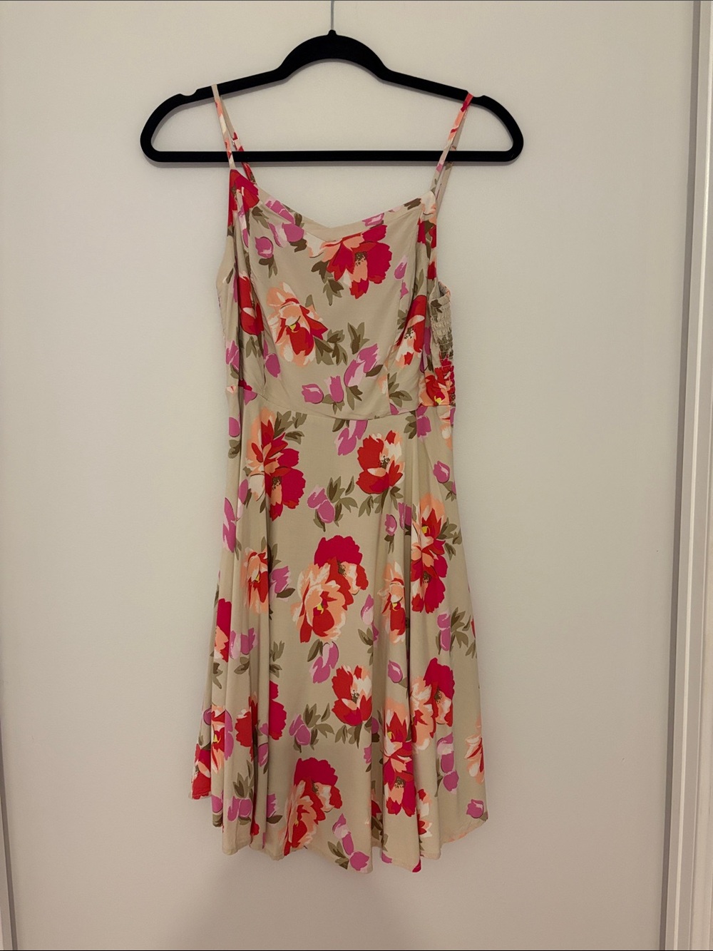 Old Navy Beige Floral Spaghetti-Strap Mini Dress with Pink & Red Blooms